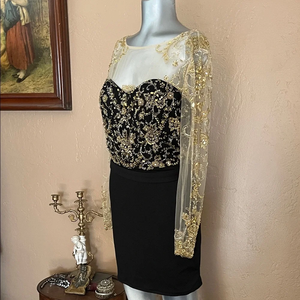 Vintage Eureka Black and Gold Embroidered Long Sleeve Dress.  Sz 10 - Picture 8 of 11